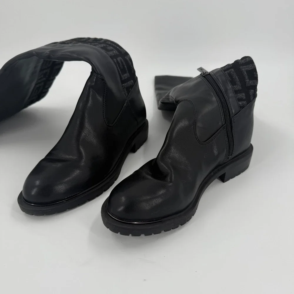 Guess Remone Knee High Boots Womens 7.5M Black Allover Logo Round Toe Side Zip